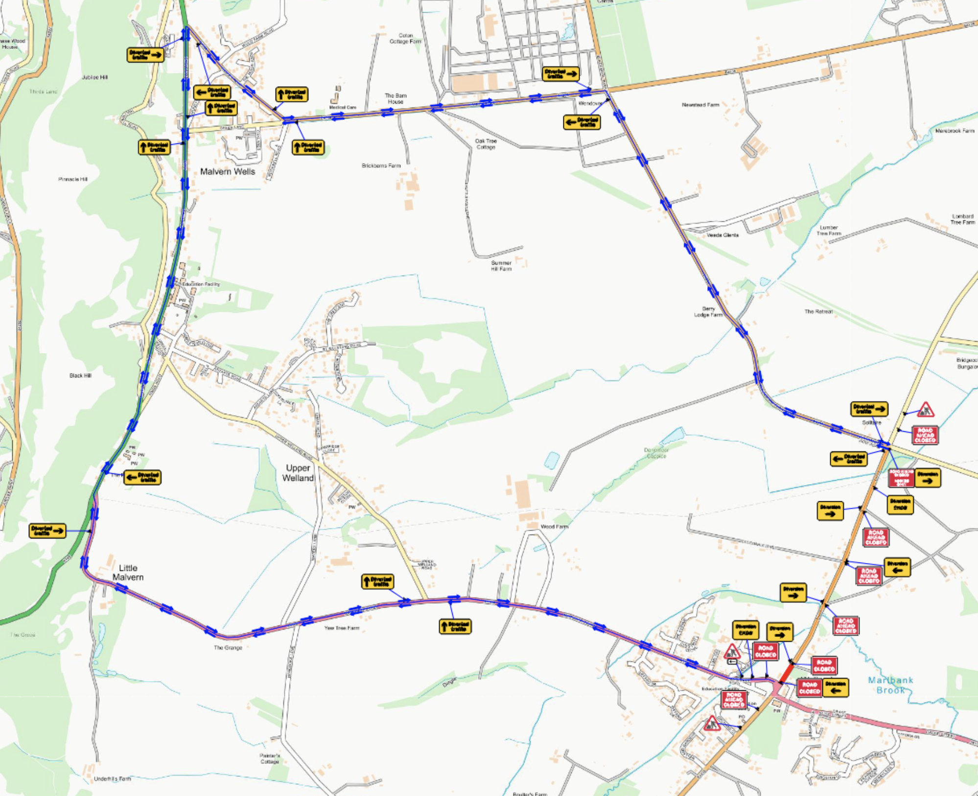 map of diversion while garrett bank is closed showing traffic being diverted via malvern wells and down to showground and then danemoor crossroads