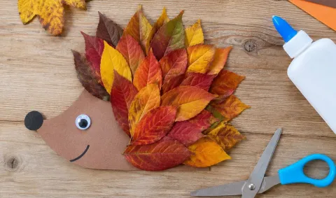 hedgehog craft made of autumn leaves