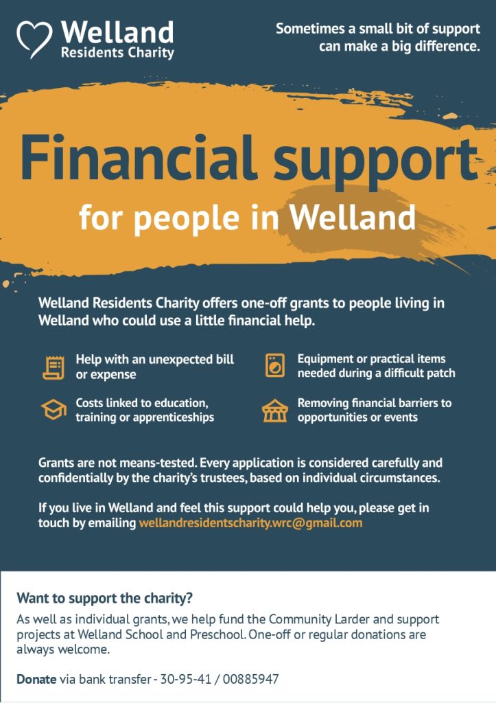 welland residents charity poster - all information in text on this page